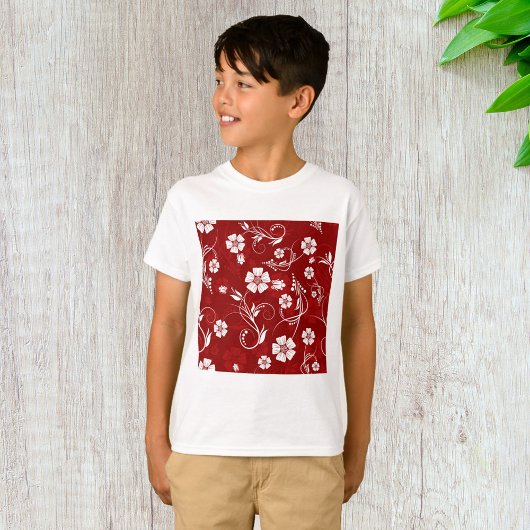 Witte bloemen rode achtergrond t-shirt