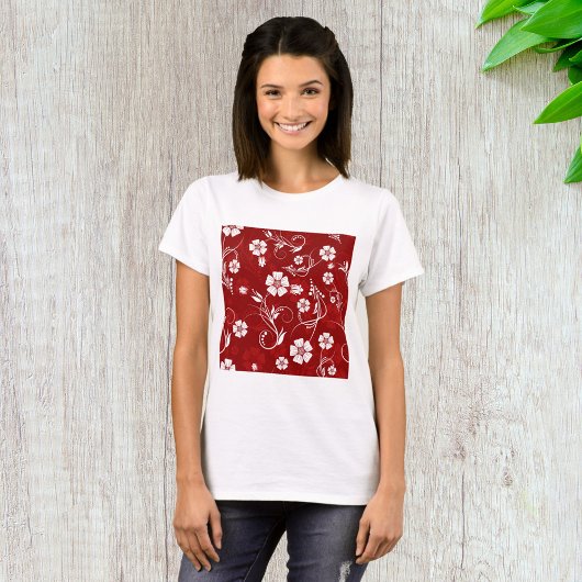 Witte bloemen rode achtergrond t-shirt