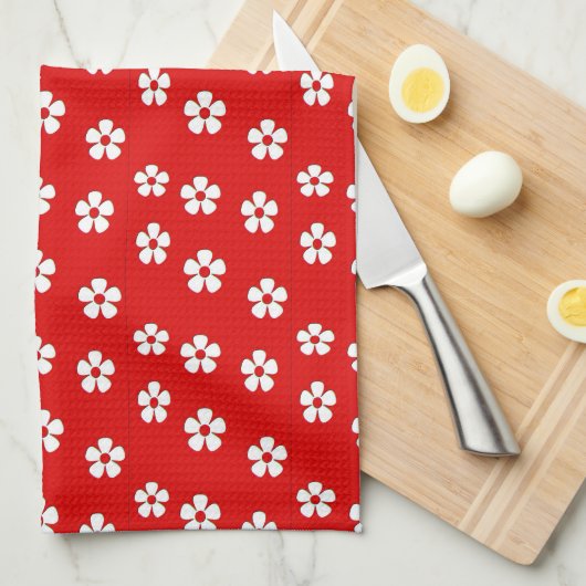 Witte bloemen rood theedoek (Quarter Fold)