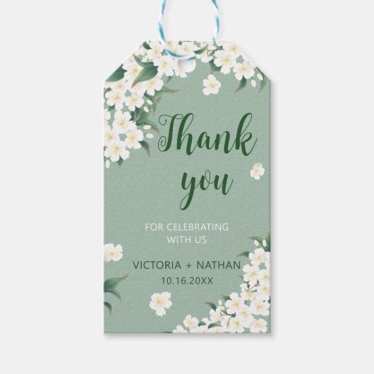 Witte Bloemen Salie Groen Chinoiserie Wolkenpatroo Cadeaulabel (Voorkant)