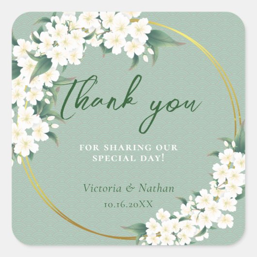 Witte Bloemen Salie Groene Wolkenpatroon Gouden Ci Vierkante Sticker (Voorkant)