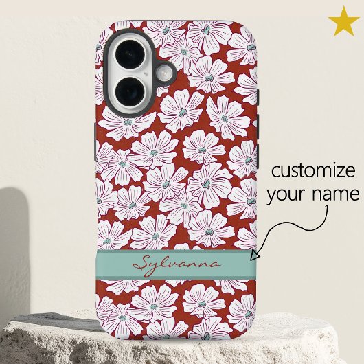 Witte Bloemen Schets Rode Teal Aangepaste Naam Case-Mate iPhone Case