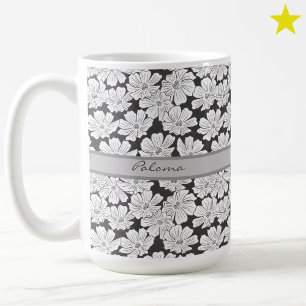 Witte Bloemen Schets Zwart Grijs Aangepaste Naam Koffiemok