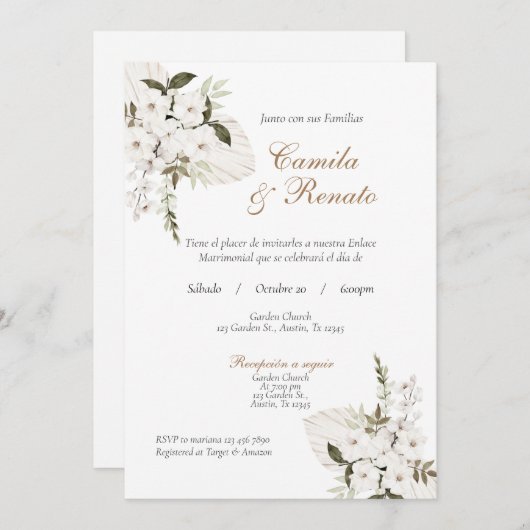 Witte Bloemen Spaanse bruiloft uitnodiging (Voorkant / Achterkant)