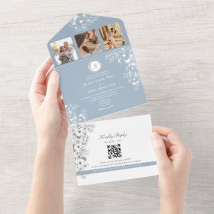 Witte Bloemen Stoffig Blauw Huwelijk All In One Uitnodiging