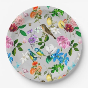Witte bloemen, vogels, bijen, citroenen, vlinders papieren bordje