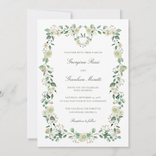 Witte Bloemen Waterverf Crest & Monogram Bruiloft Kaart (Voorkant)