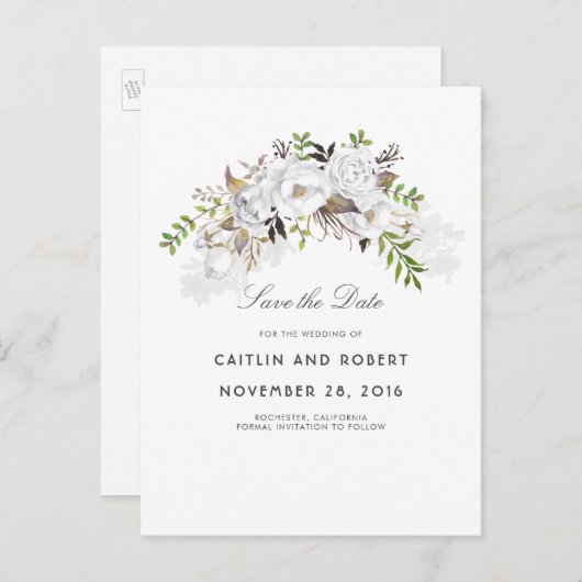 Witte Bloemen Waterverf Save the Date Aankondigingskaart (Voorkant / Achterkant)