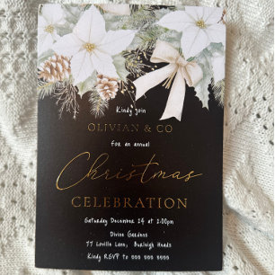 Witte Bloemen Zwart Corporate Christmas Party Goud Folie Uitnodiging