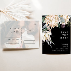 Witte Bloemen   Zwarte Foto Save The Date Postcard Uitnodiging Briefkaart