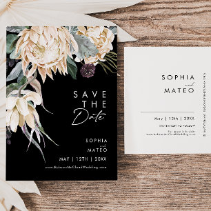 Witte bloemen Zwarte Save The Date ansichtkaart Uitnodiging Briefkaart
