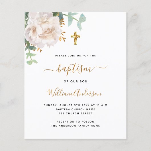 Witte bloemengoud cross budget doop uitnodiging (Voorkant)