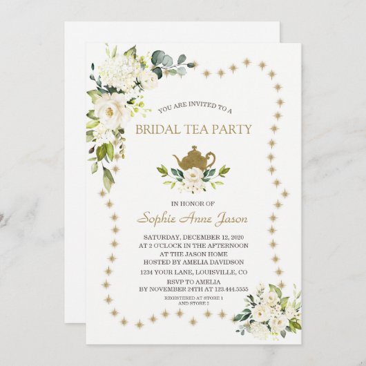 Witte bloemengoud glitters bruiloft theepartij kaart (Voorkant / Achterkant)