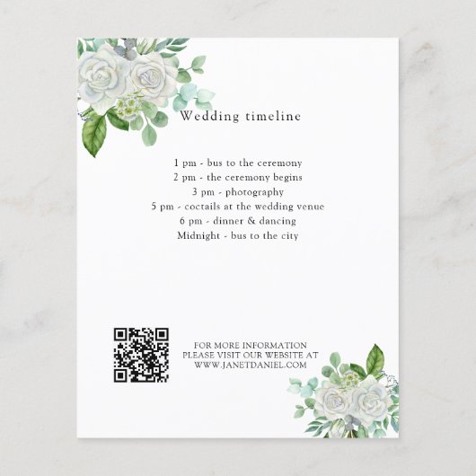 Witte bloemengroen bruiloft programma details QR Flyer (Achterkant)