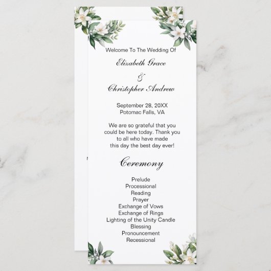 Witte bloemengroen traditioneel huwelijksprogramma menu (Voorkant / Achterkant)