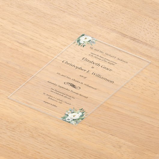 Witte bloemengroen traditionele formele bruiloft acryl uitnodigingen (Laagn)