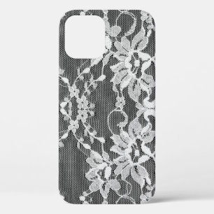 Witte bloemenkant: zwarte achtergrond. iPhone 12 hoesje