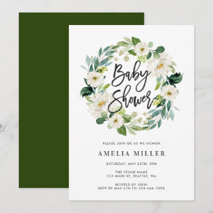 Witte bloemenkrans Baby shower uitnodiging
