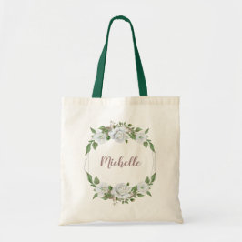 Witte bloemenkrans met naam tote bag