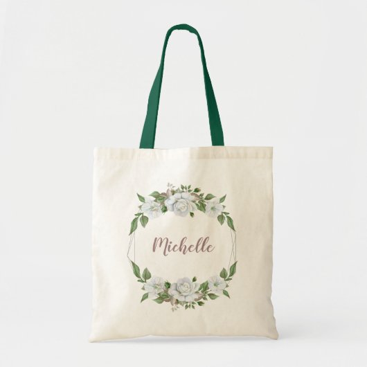 Witte bloemenkrans met naam tote bag (Voorkant)