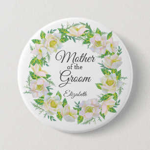 Witte bloemenkrans moeder van de bruidegom ronde button 7,6 cm