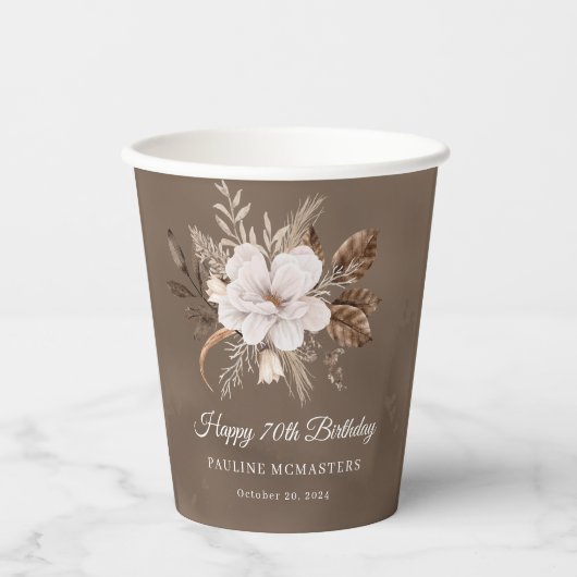 Witte Bloemenneutrale Herfst 70ste Verjaardag Papieren Bekers (Voorkant)