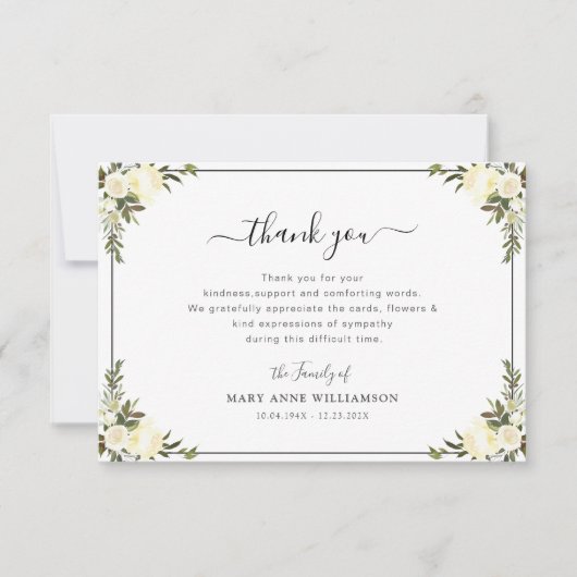 Witte bloemenschrift begrafenis dank u nota bedankkaart (Voorkant)