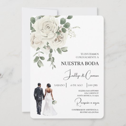 Witte bloemenspaanse bruiloft uitnodiging (Voorkant)