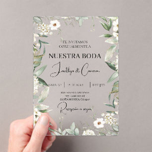 Witte bloemenspaanse bruiloft uitnodiging acryl uitnodigingen