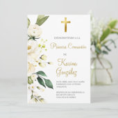 Witte bloemenspaanse eerste communie uitnodigen kaart (Staand voorkant)