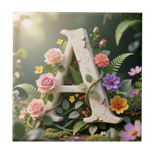 Witte bloementuin monogram letter A Tegeltje (Voorkant)