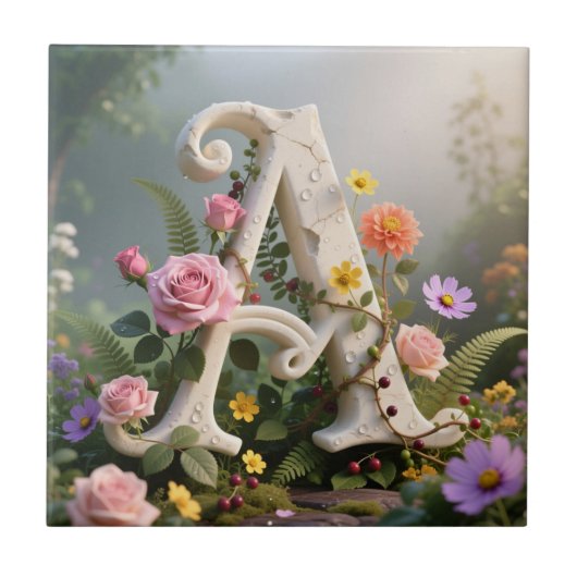 Witte bloementuin monogram letter A Tegeltje (Voorkant)