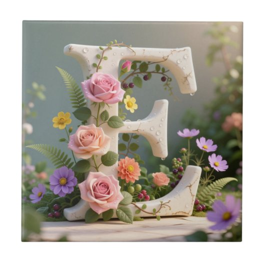Witte bloementuin monogram letter E Tegeltje (Voorkant)