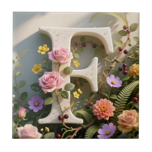 Witte bloementuin monogram letter F Tegeltje (Voorkant)
