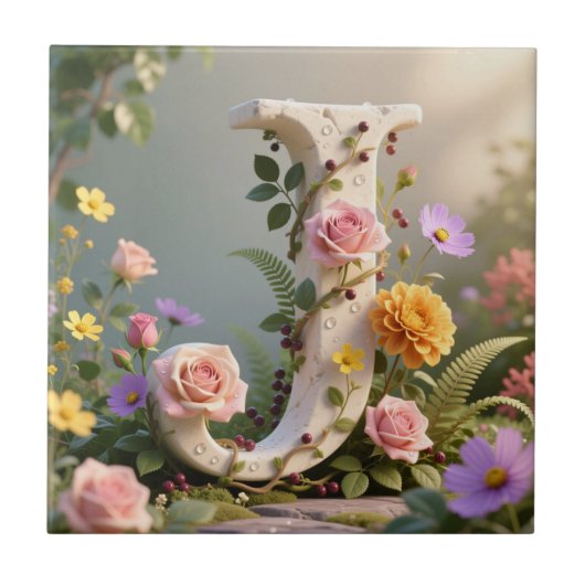 Witte bloementuin monogram letter J Tegeltje (Voorkant)