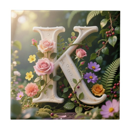 Witte bloementuin monogram letter K Tegeltje (Voorkant)