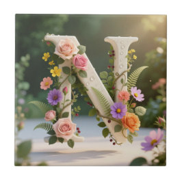 Witte bloementuin monogram letter N Tegeltje