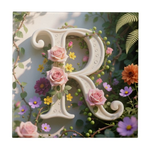 Witte bloementuin monogram letter R Tegeltje (Voorkant)