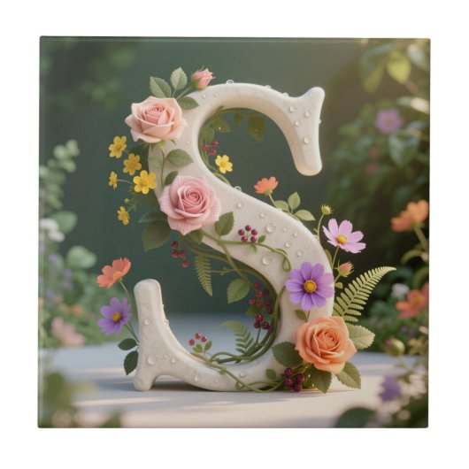 Witte bloementuin monogram letter S Tegeltje (Voorkant)