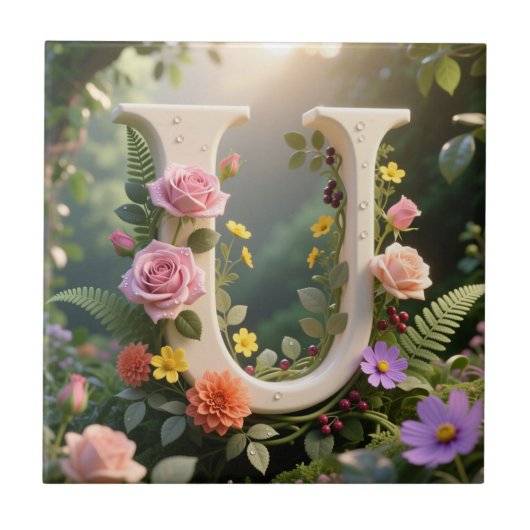 Witte bloementuin monogram letter U Tegeltje (Voorkant)