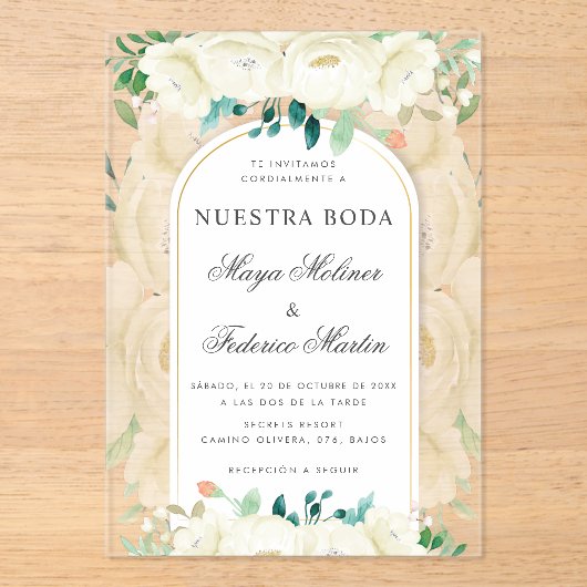 Witte bloementuin Nuestra Boda Spaanse bruiloft Acryl Uitnodigingen (Voorkant)