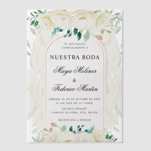 Witte bloementuin Nuestra Boda Spaanse bruiloft Vellum Uitnodigingen (Voorkant)