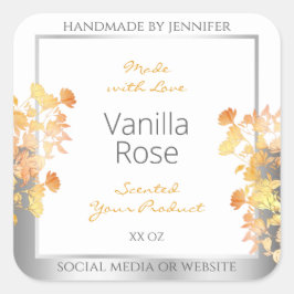 Witte bloemenverpakkingslabel Sinaasappel Silver Vierkante Sticker