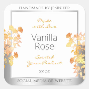 Witte bloemenverpakkingslabel Sinaasappel Silver Vierkante Sticker