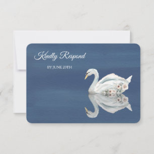 Witte bloemenzwaan op blauwe menu huwelijks-RSVP