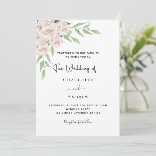 Witte bloemetjes groen QR code RSVP bruiloft Kaart (Staand voorkant)