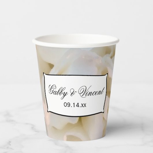 Witte bloemige anjer huwelijks papieren bekers (Voorkant)