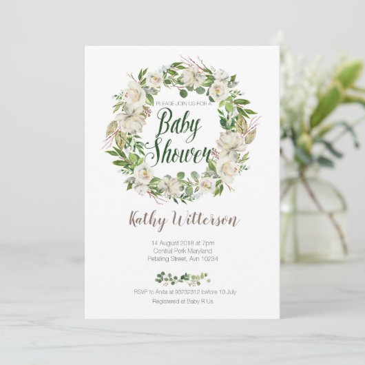 Witte bloemige babyshower uitnodigingskaart kaart (Staand voorkant)