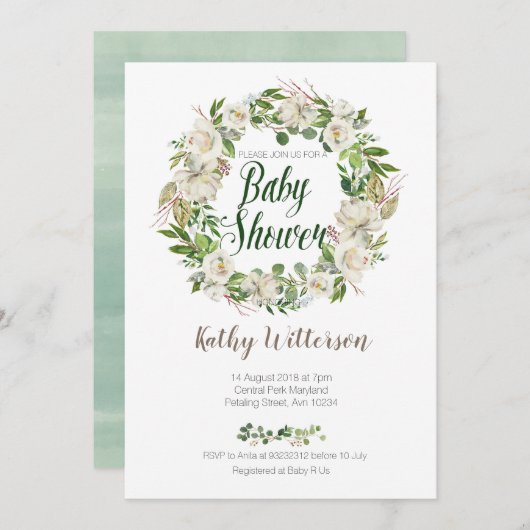 Witte bloemige babyshower uitnodigingskaart kaart (Voorkant / Achterkant)