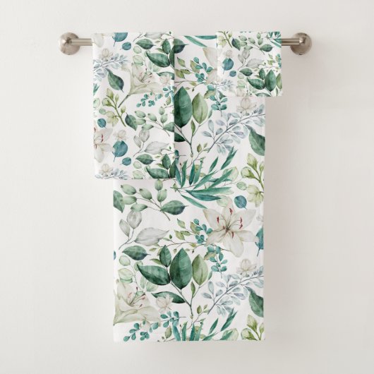 Witte bloemige bloemen groen eucalyptus elegant bad handdoek (Insitu)